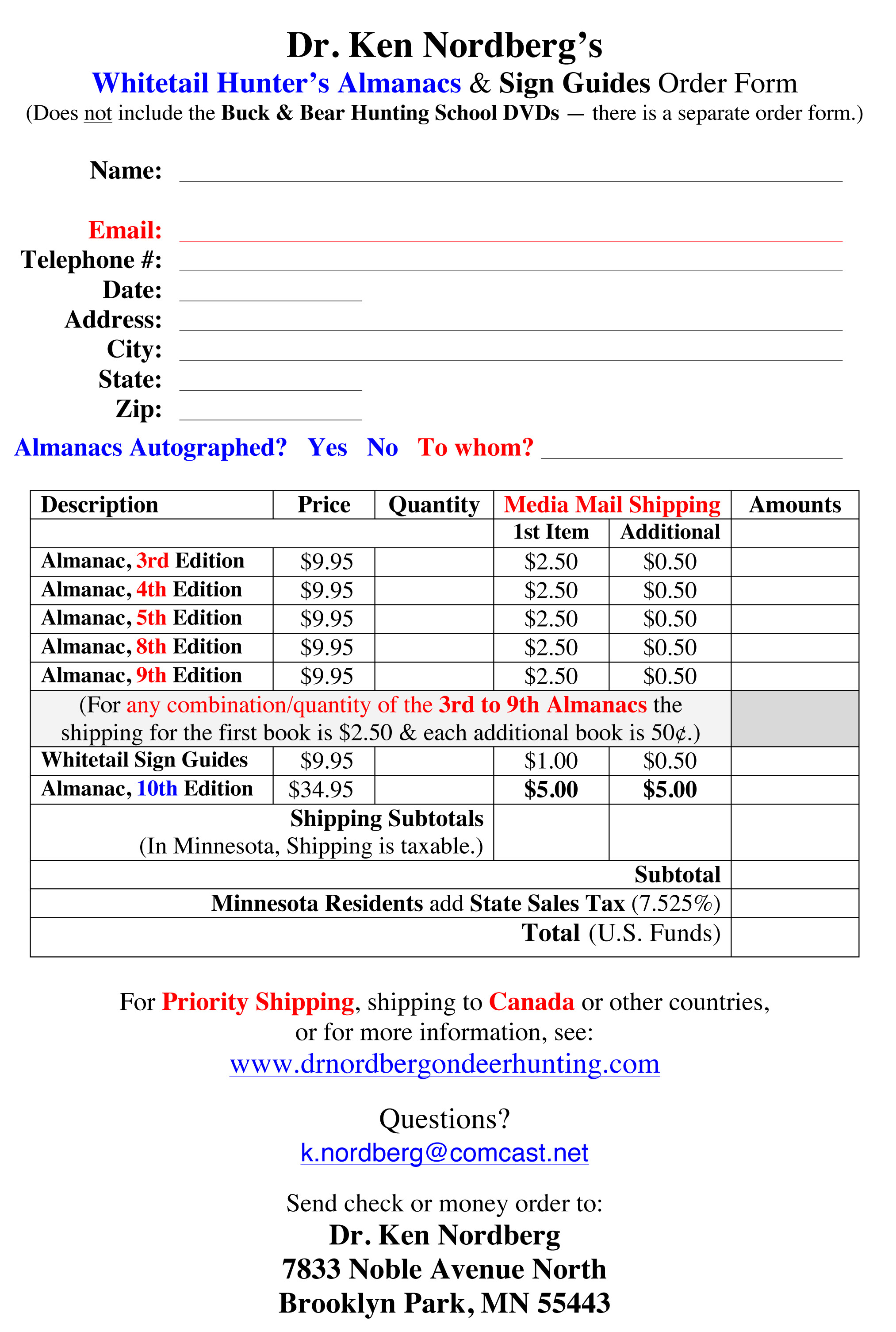 Order form for purchasing Whitetail Hunter\'s Alamanacs and Sign Guides from Dr. Ken Nordberg